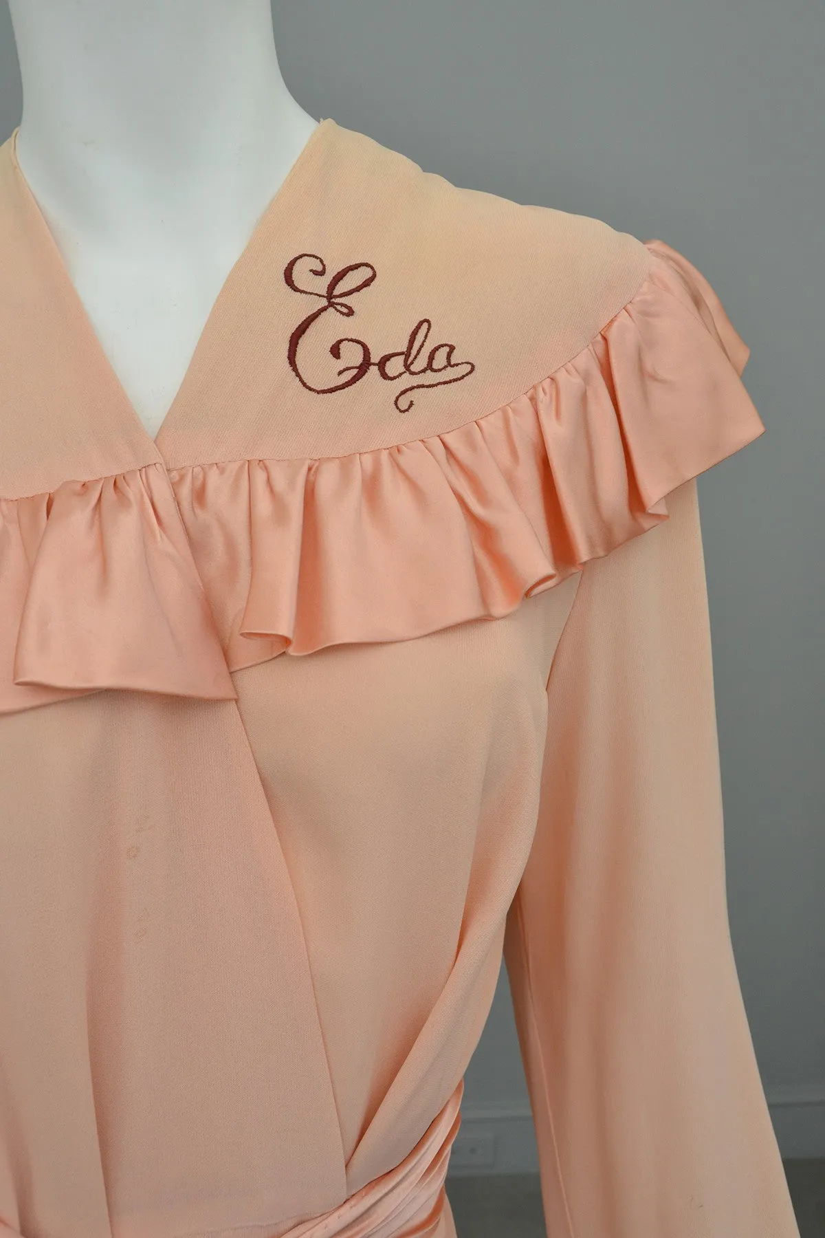 1930s Peach Crepe Satin Ruffle Glamorous Robe - Call me Eda