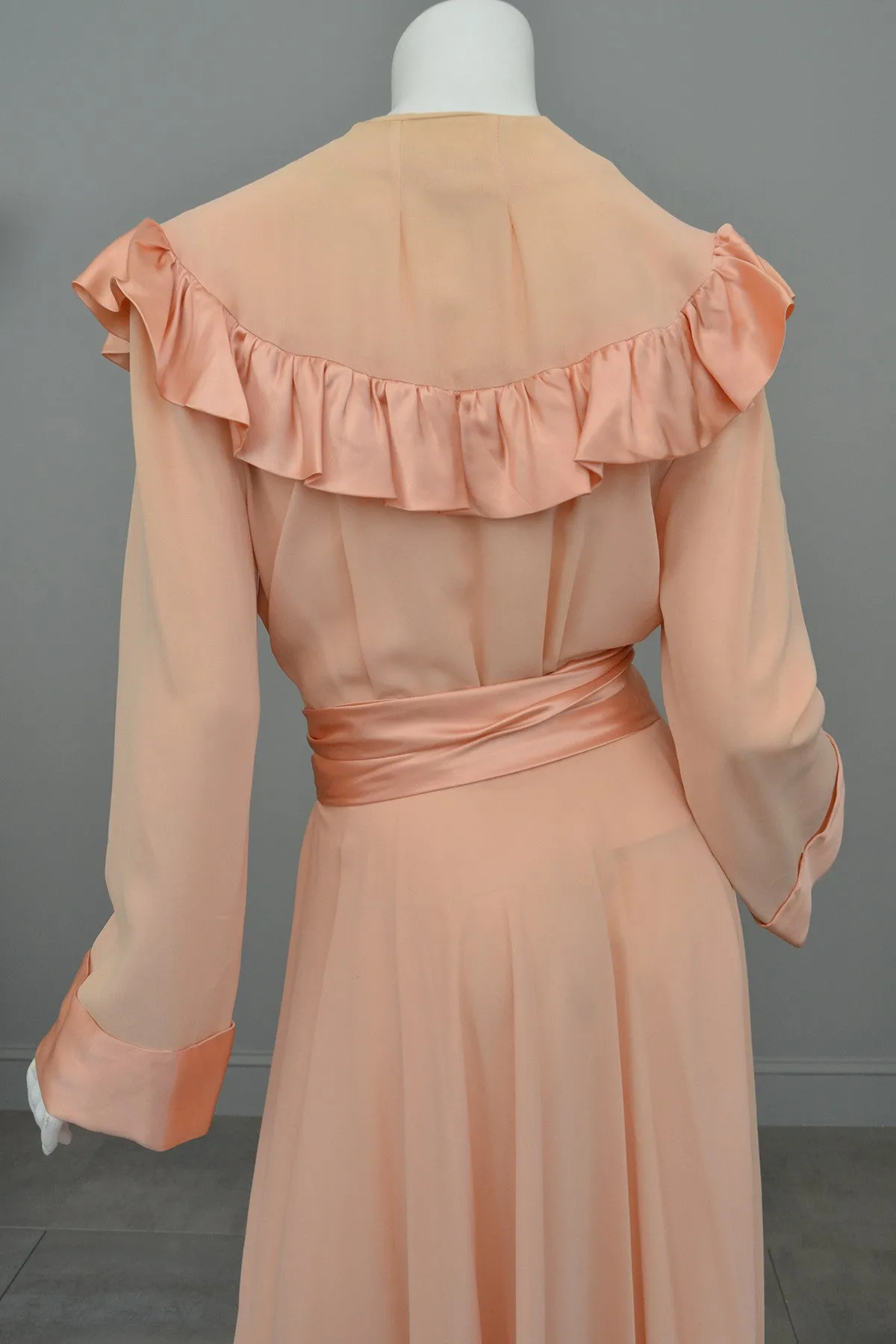 1930s Peach Crepe Satin Ruffle Glamorous Robe - Call me Eda