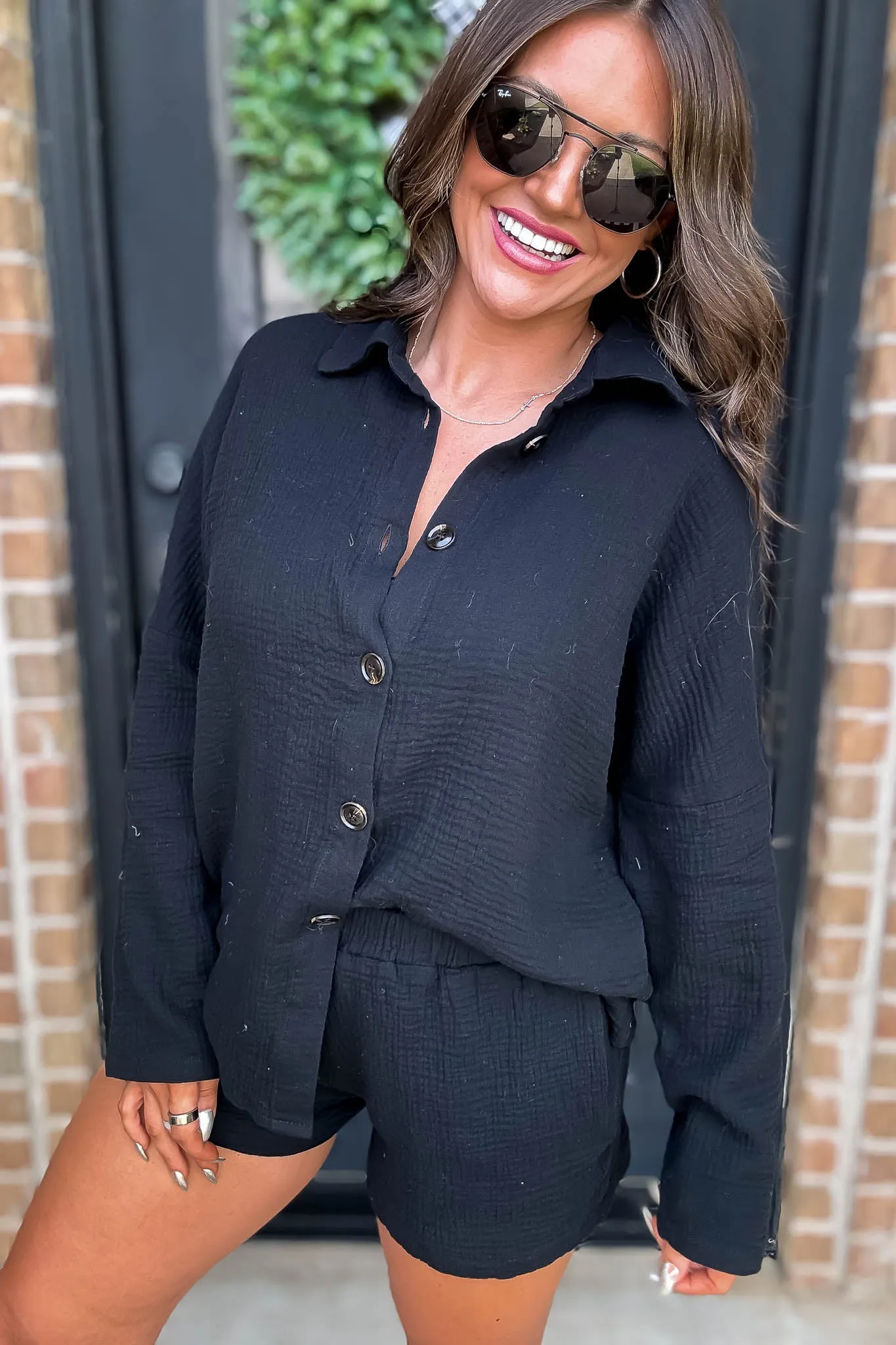 All Day Comfort Cotton Black Button Down Shorts