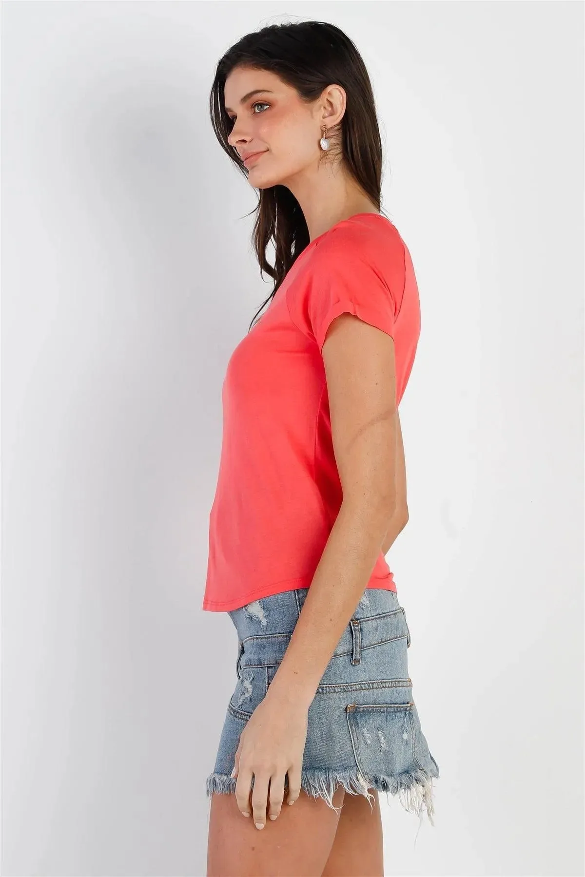 Coral Short Sleeve Cotton Blend T-Shirt Top /2-2-2