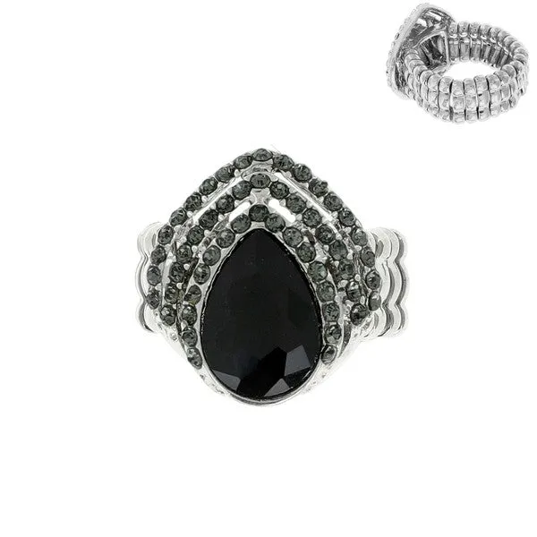 Dark Grey Teardrop Crystal Gem Tipple Halo Stretch Ring