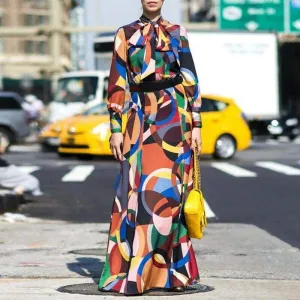 FashionSierra - New Fashion Women Geometric High Neck Long Maxi Dress Ladies Summer Autumn Long Sleeve Evening Party Dress Sundress Plus Size