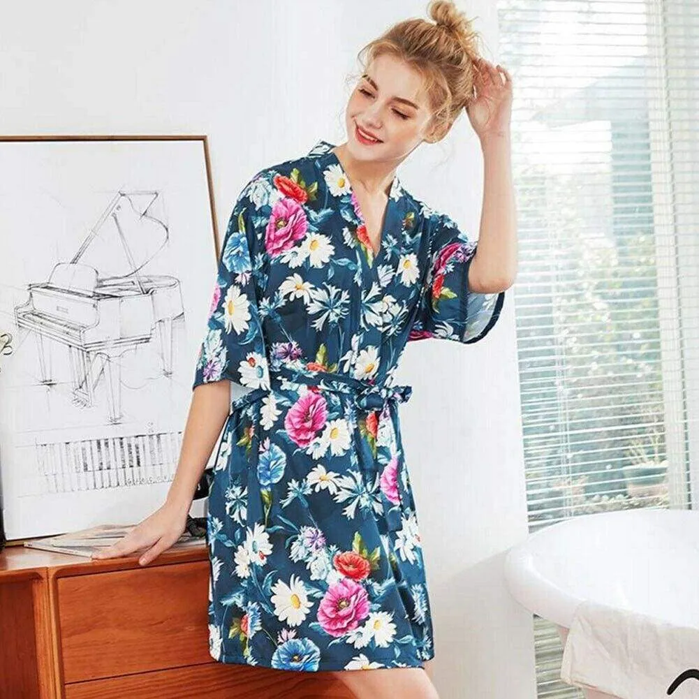 FashionSierra - New Women Silk Satin Floral Half Sleeve V-Neck Summer Short Nightwear Bath Robe Fashion Daily Soft Casual Sleepdress