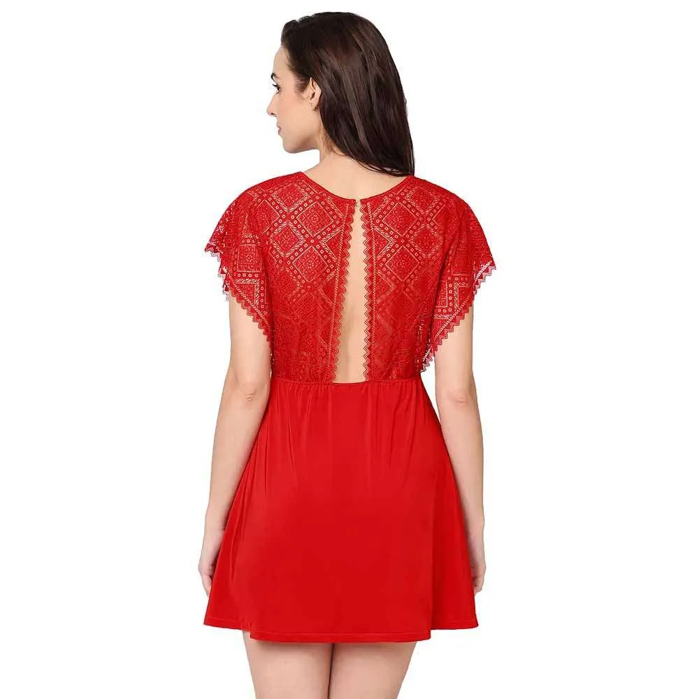 Gaia Non Padded Non Wired Bridal Wear Short Lace Babydoll Chemise - Red