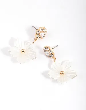 Gold Diamante & Pearl Flower Drop Earrings