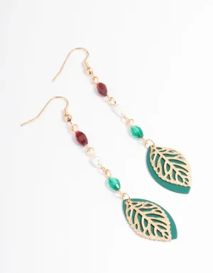 Gold Multi Bead & Leaf Drop Earrings