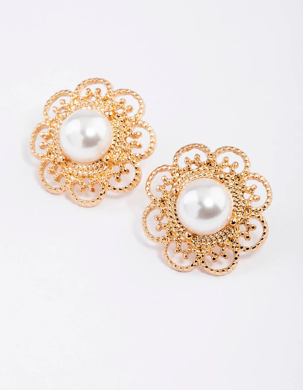 Gold Ornate Flower Pearl Stud Earrings