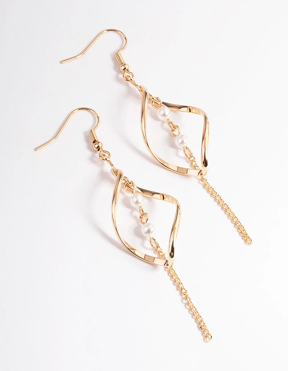Gold Pearl Chain Twist Drop Earrings