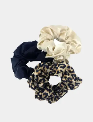 Hair Scrunchies Multipack Set - Black, Beige & Animal Print