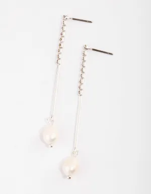 Silver Freshwater Pearl Cupchain Stack Drop Earrings