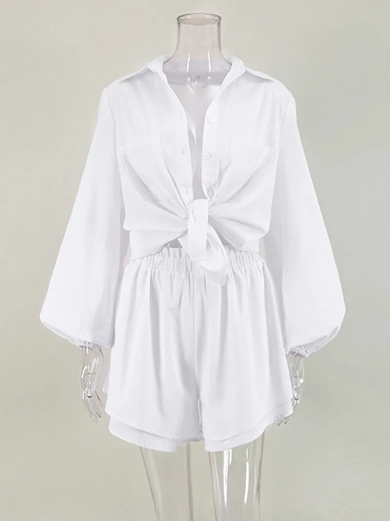 Women Spring Summer Bohemian Short Sets Solid White Loose Fit Outfits