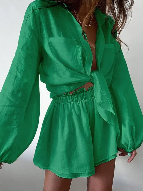 Women Spring Summer Bohemian Short Sets Solid White Loose Fit Outfits
