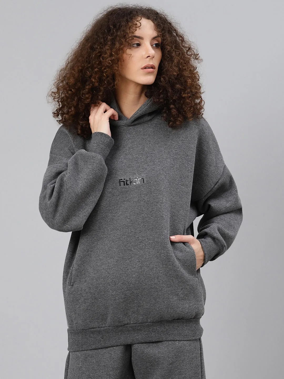 Women's Charcoal Grey Solid Fleece Hooded Pullover Sweatshirt