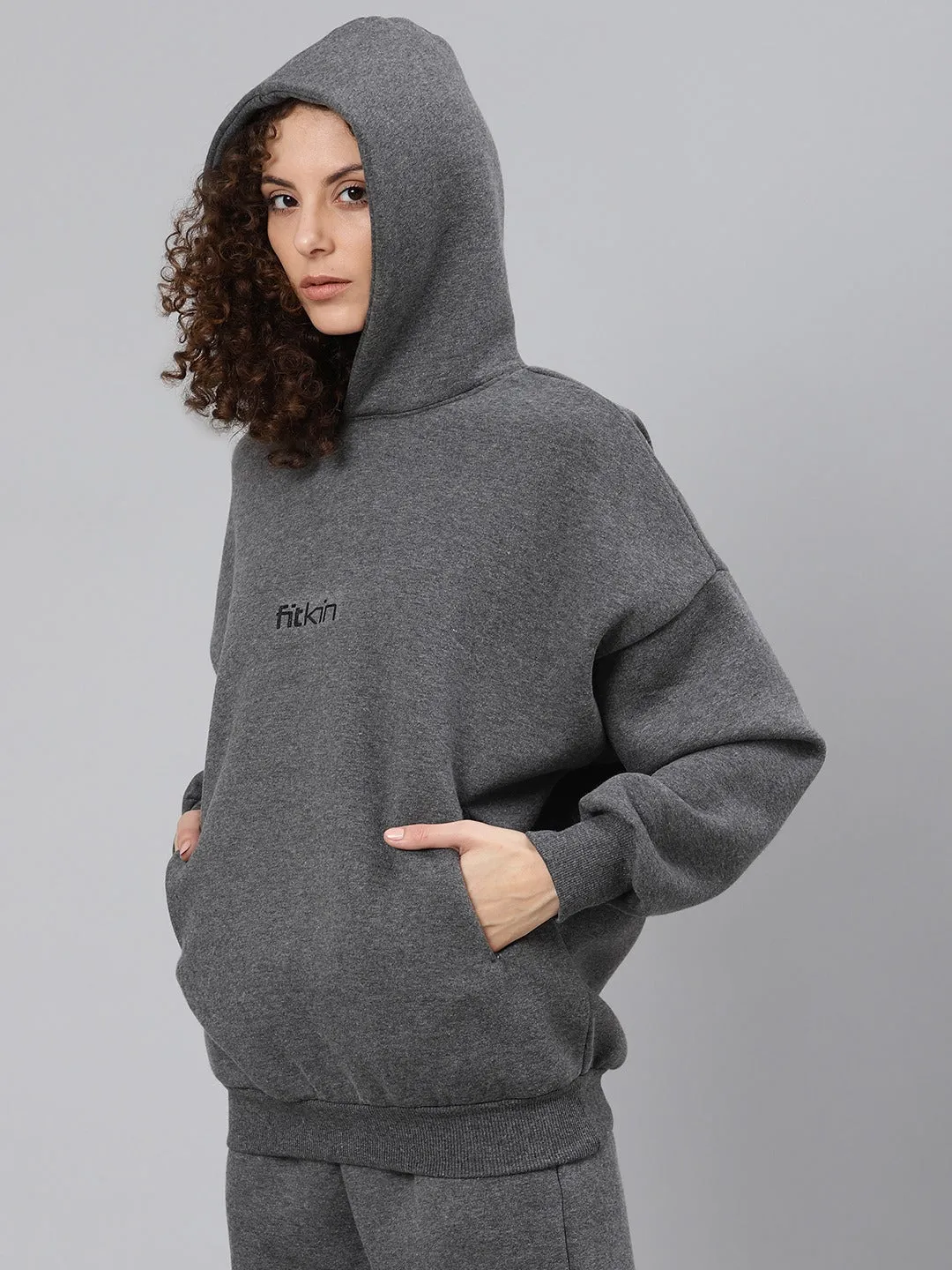 Women's Charcoal Grey Solid Fleece Hooded Pullover Sweatshirt