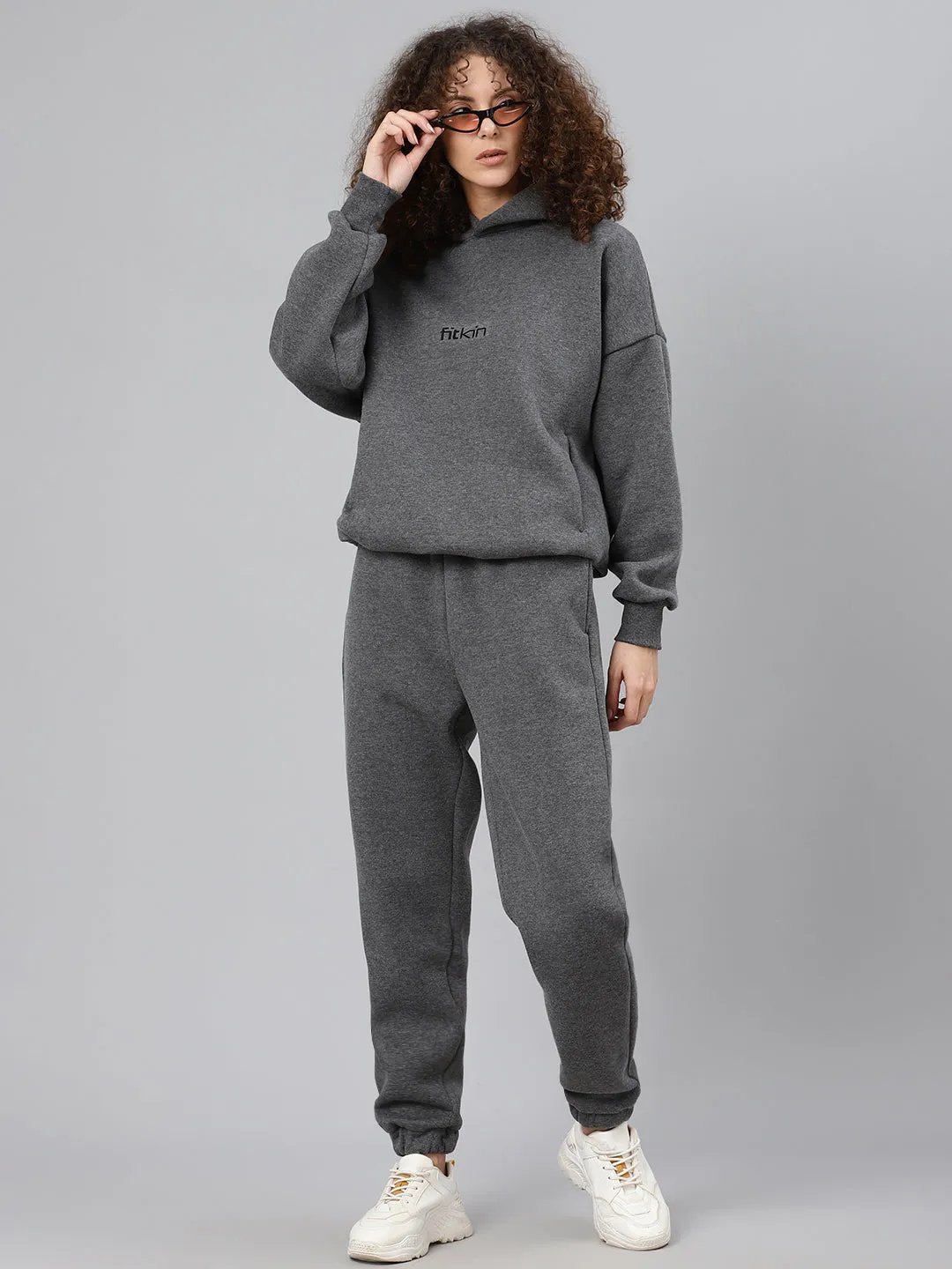 Women's Charcoal Grey Solid Fleece Hooded Pullover Sweatshirt