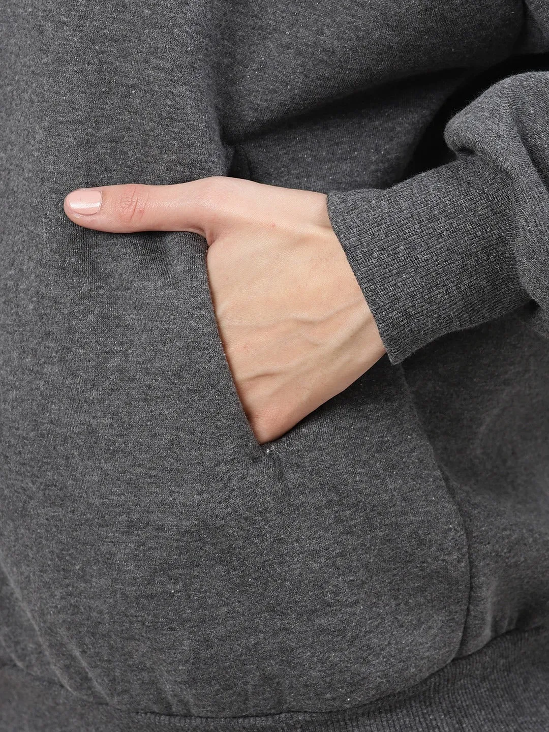 Women's Charcoal Grey Solid Fleece Hooded Pullover Sweatshirt