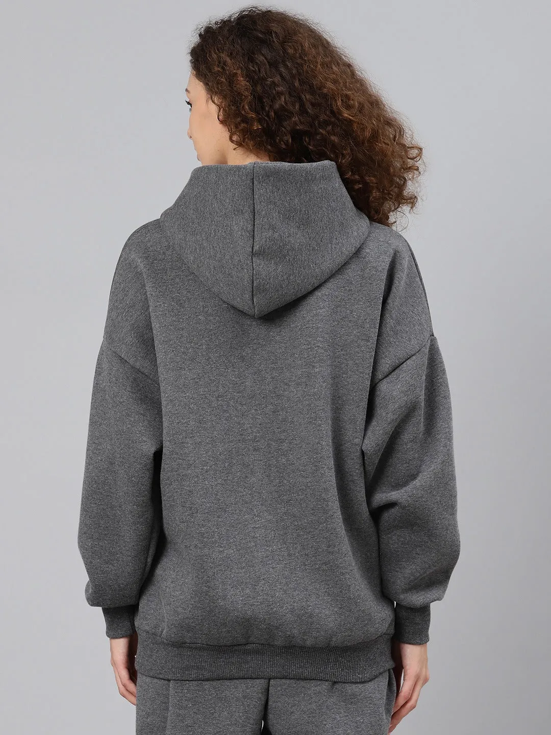Women's Charcoal Grey Solid Fleece Hooded Pullover Sweatshirt