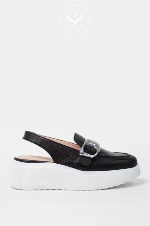 WONDERS A-3624 BLACK/WHITE LEATHER CHUNKY SLINGBACK LOAFERS